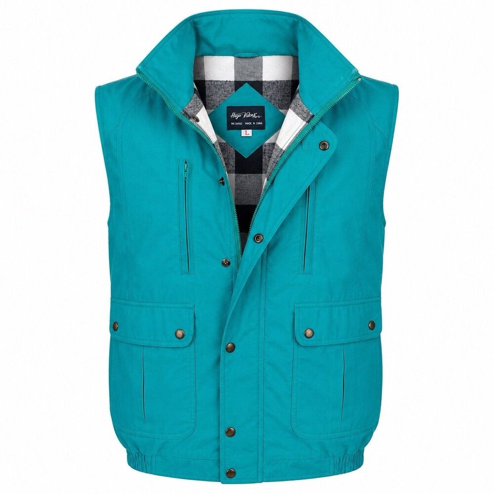Hugo Valentino Teal Puffer Vest Plaid Lined Full Zip Snap Size Large